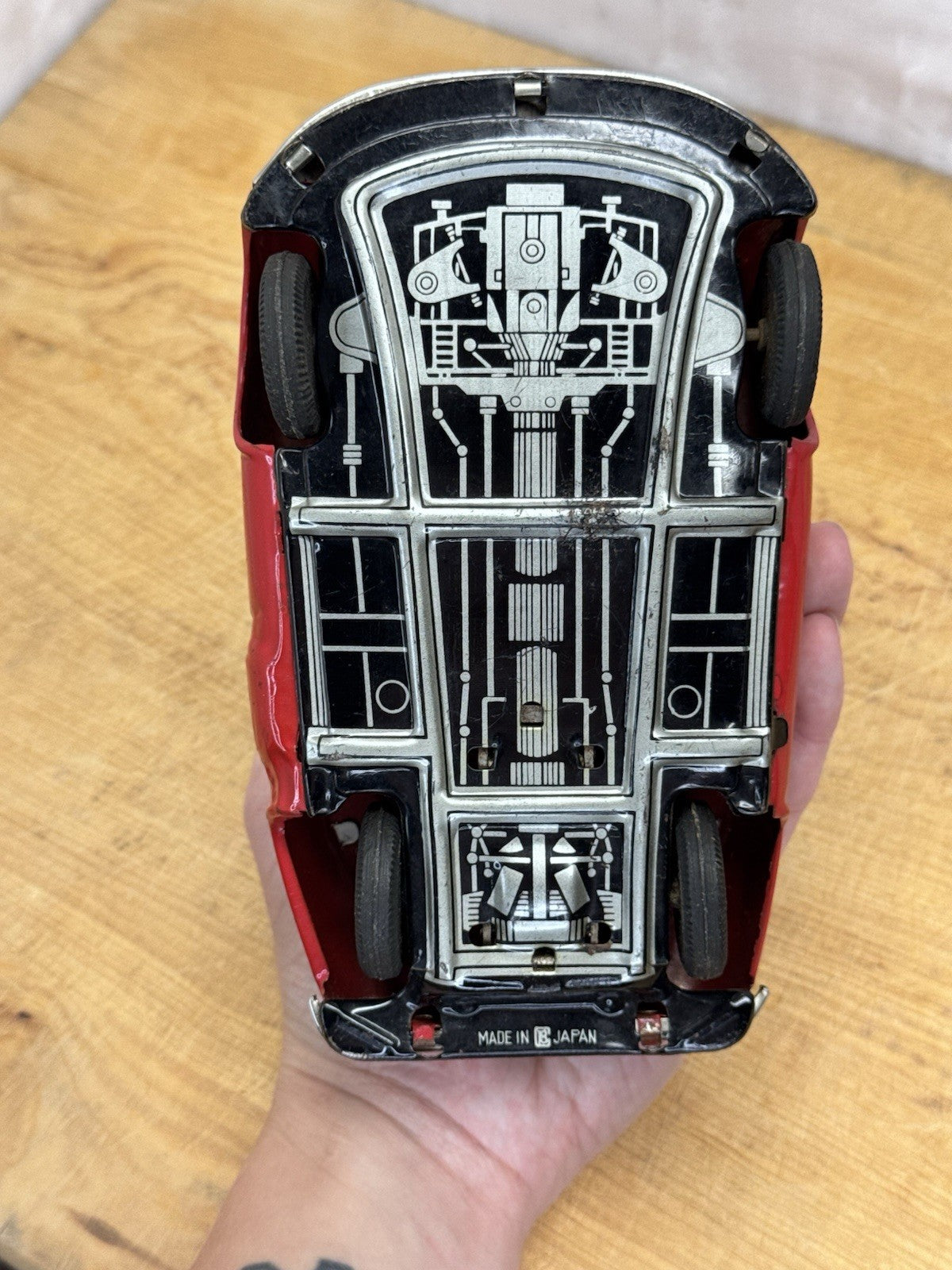 Vintage Bandai BMW Isetta Tin Friction Car Red & White Missing Mirror #1130
