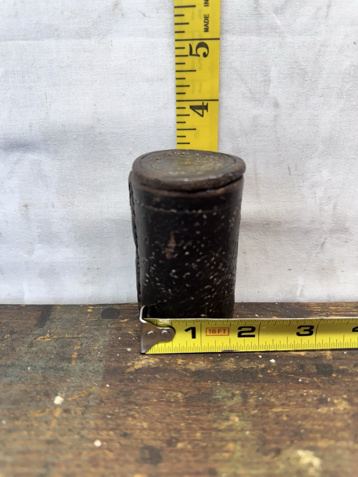 Vtg Round Leather Container Or Measure #S-1698