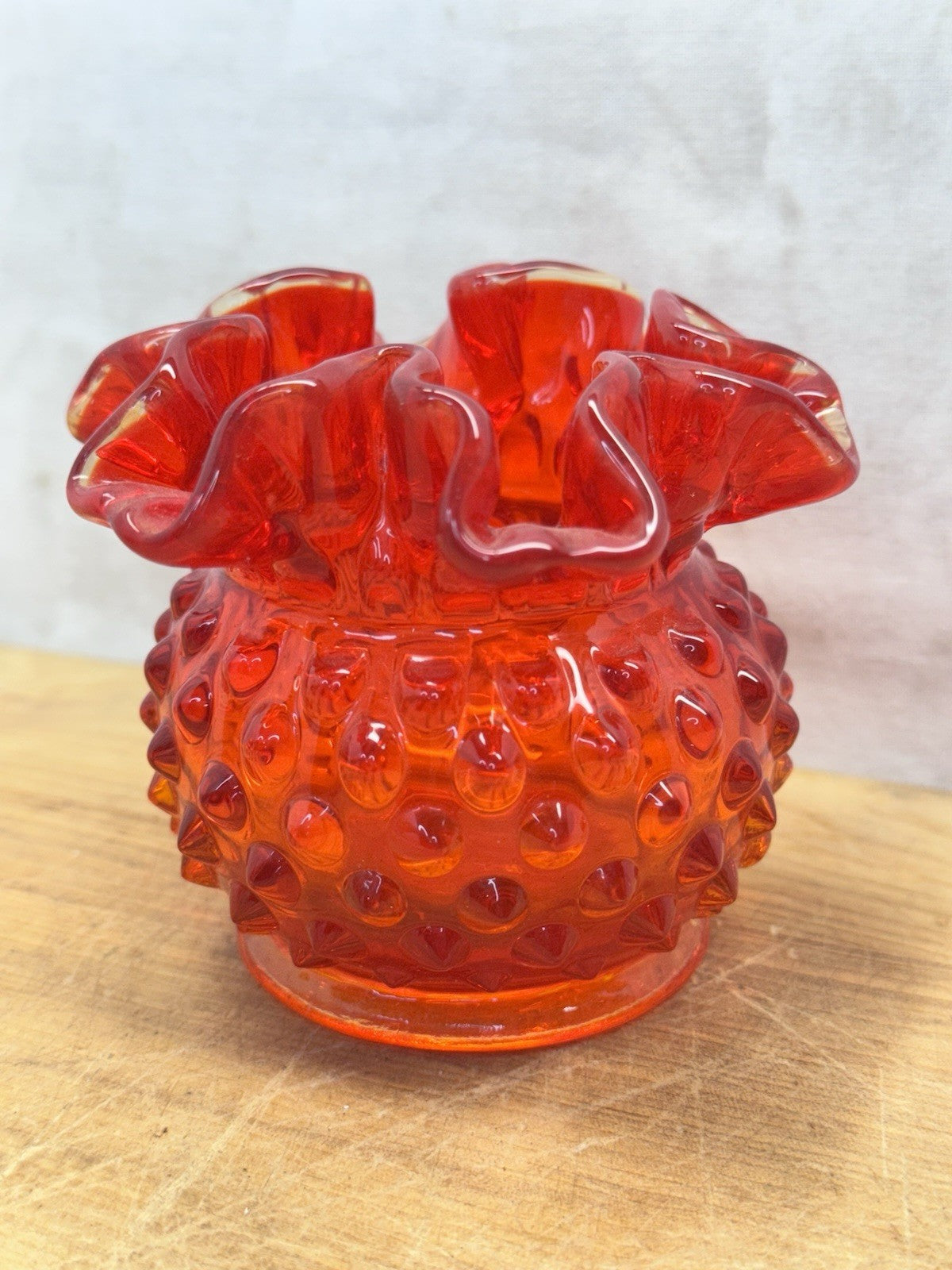Vintage Fenton Hobnail Amberina Ruffled Bowl #1461