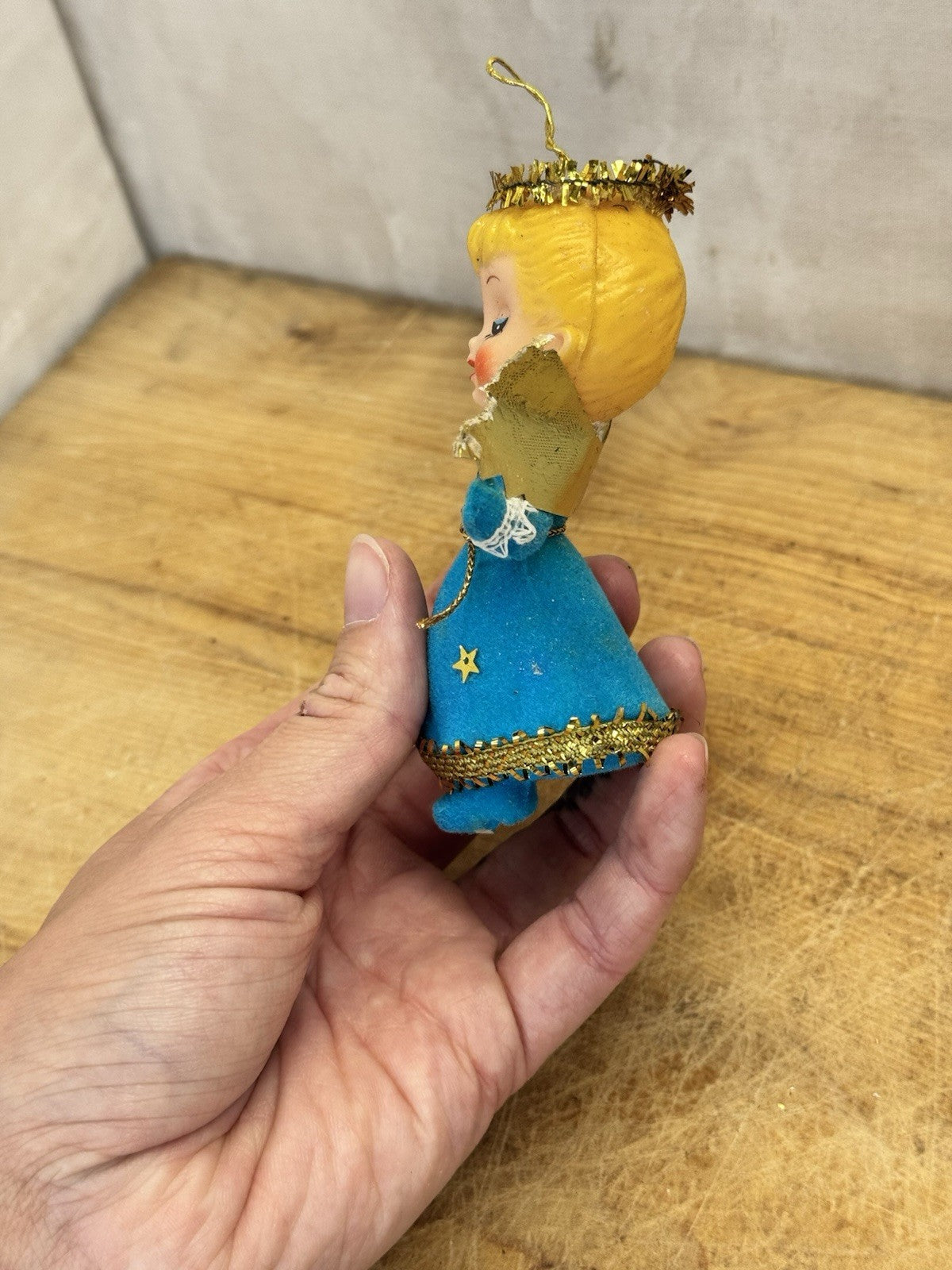 Blue Flocked Angel Christmas Ornament Vtg #1551