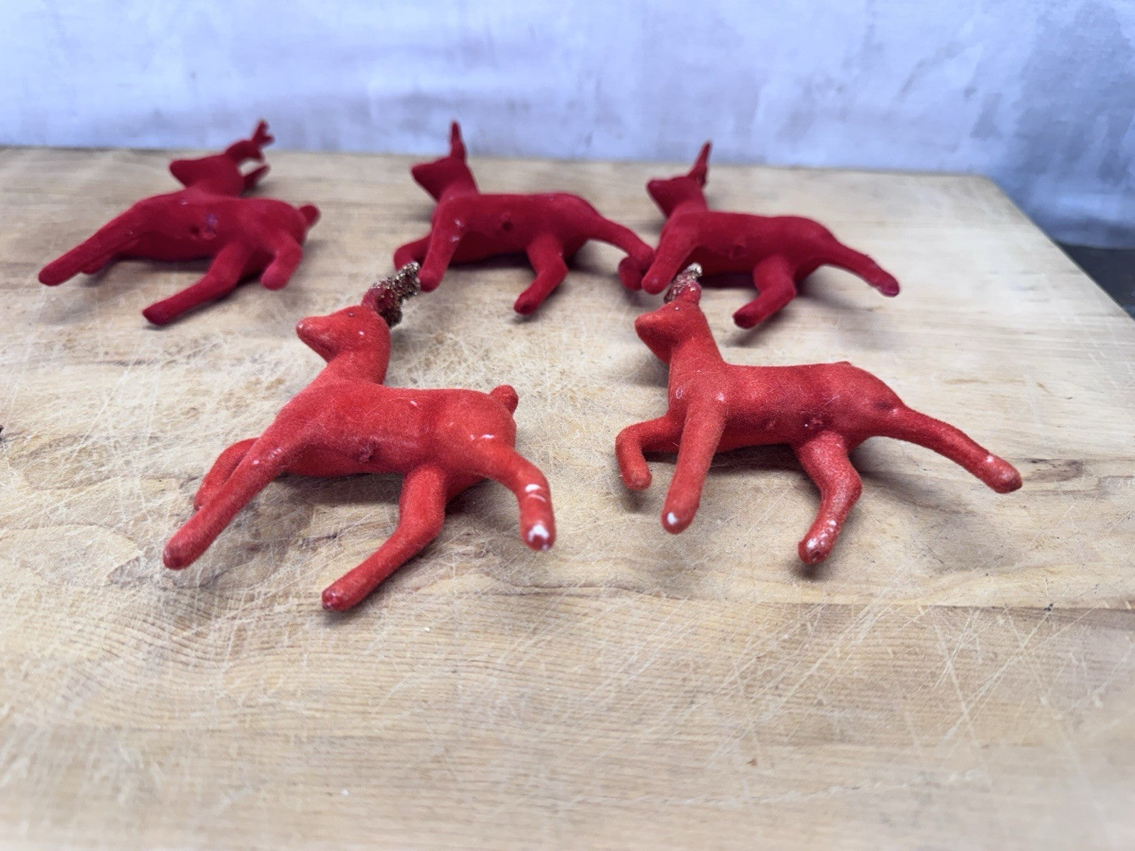 Vintage 6 Plastic Reindeer Red Flocked #1552