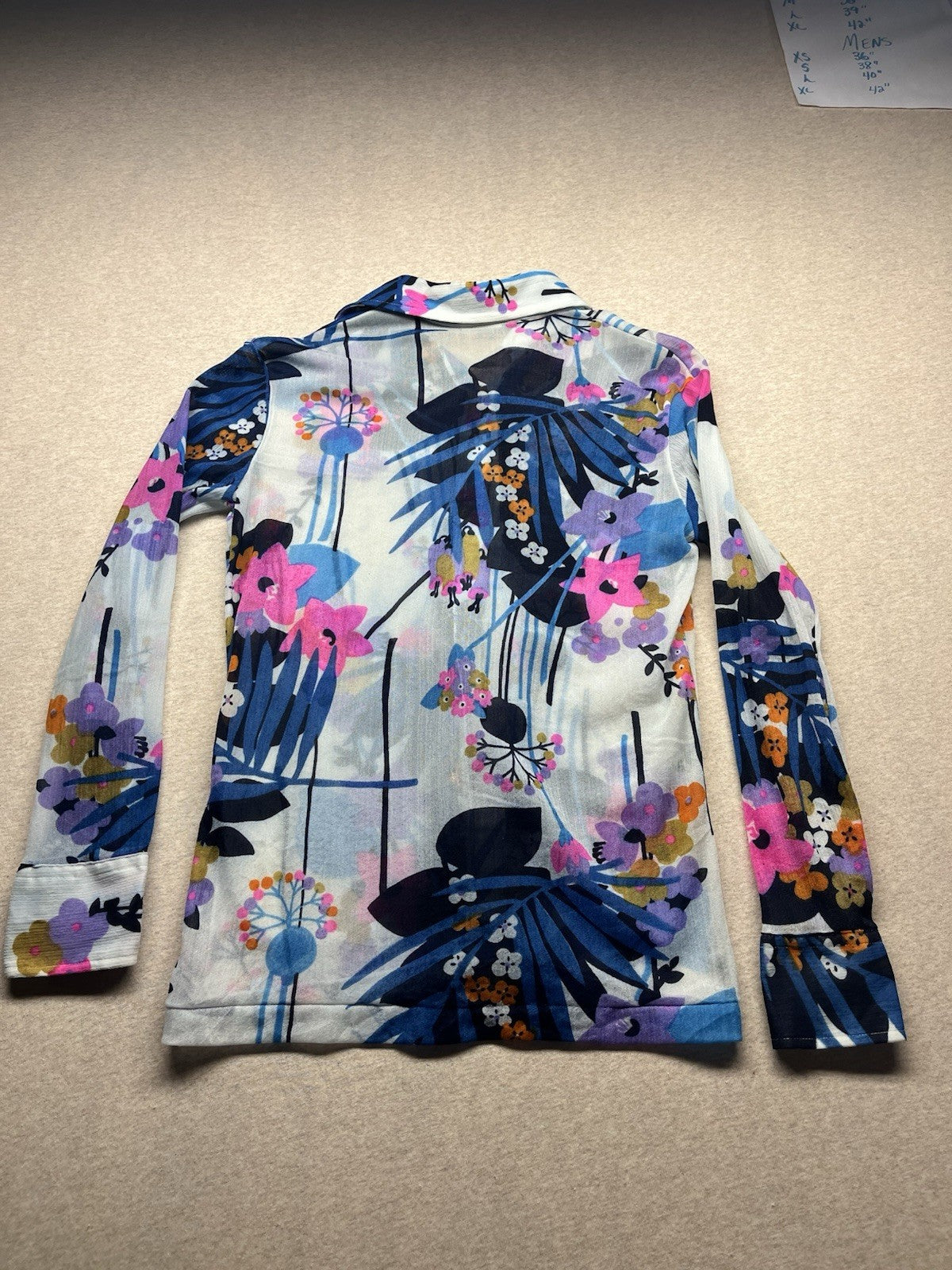 1970s, 80s Women’s Sheer Nylon L Sleeve Flowered Top