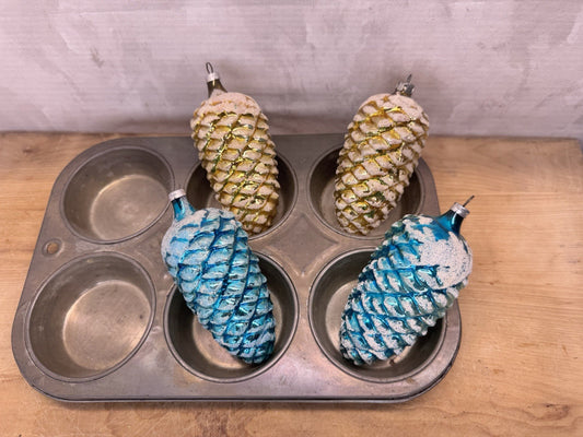 4 Blue Yellow Pinecone Lg Ornaments Antique #1547