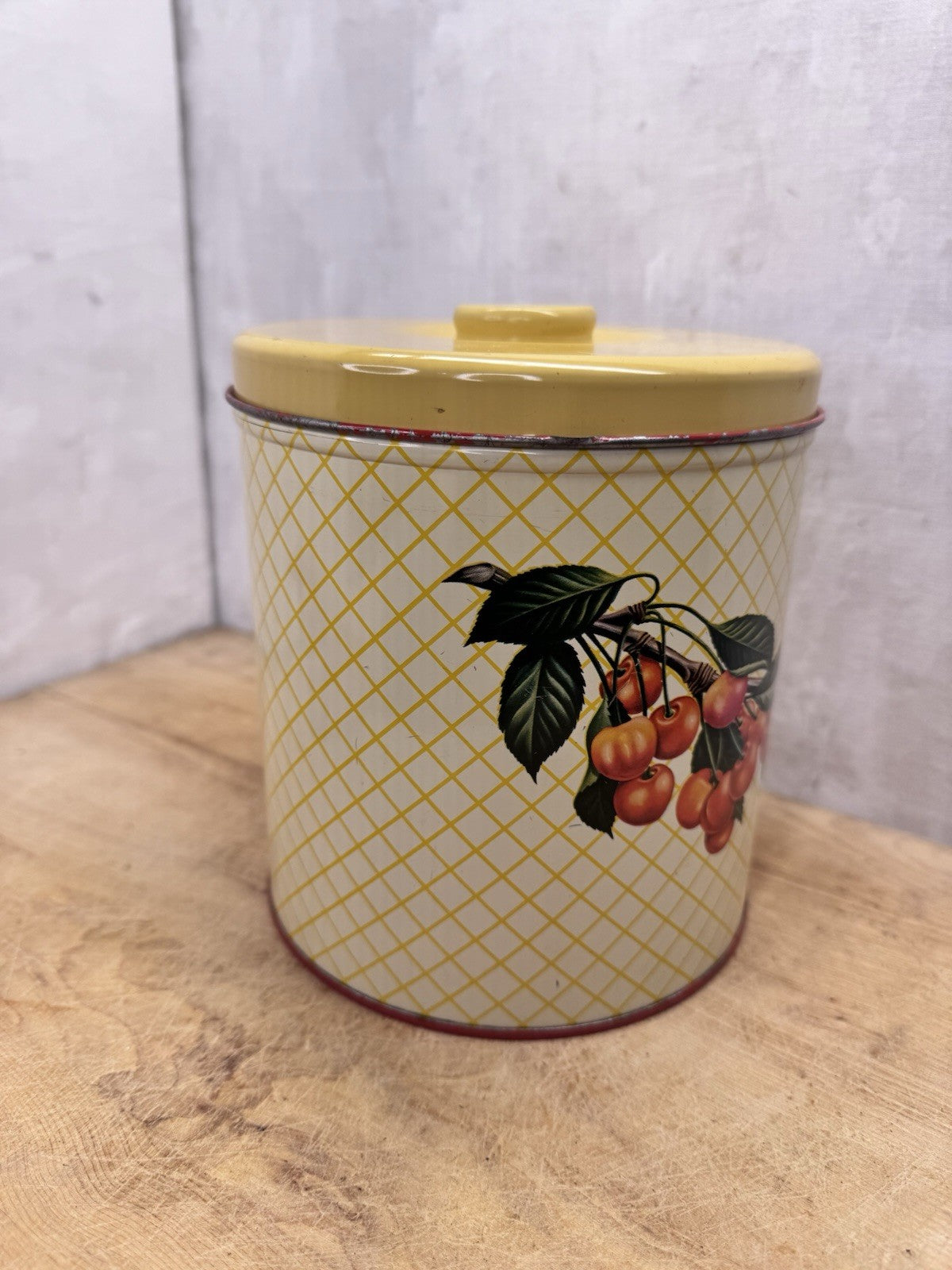 Cherry Yellow Plaid Vtg Kitchen Canister #S-1526