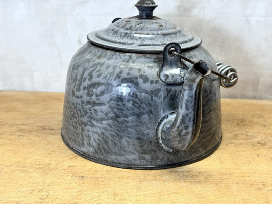 Grey French Swirl Splatter Enamelware Tea Pot Vtg #S-1872