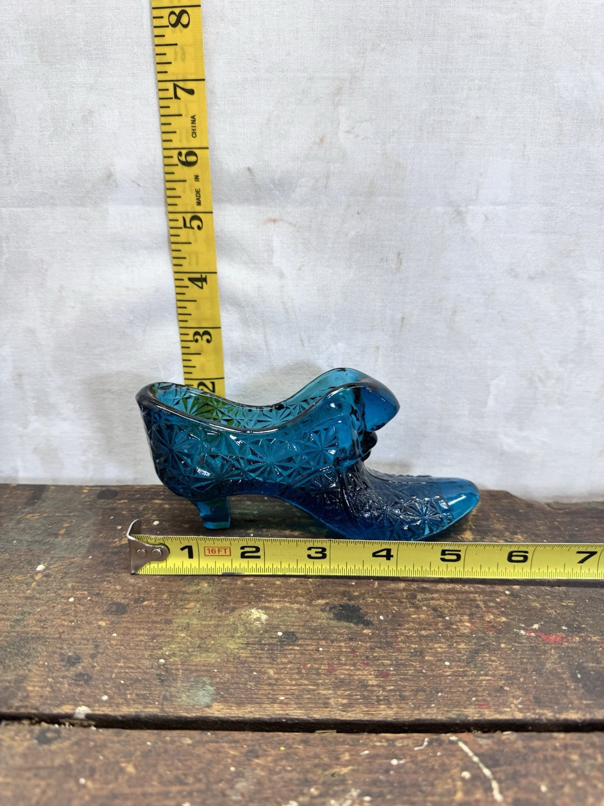 Teal Blue Antique Glass Daisy Pattern Shoe Vintage