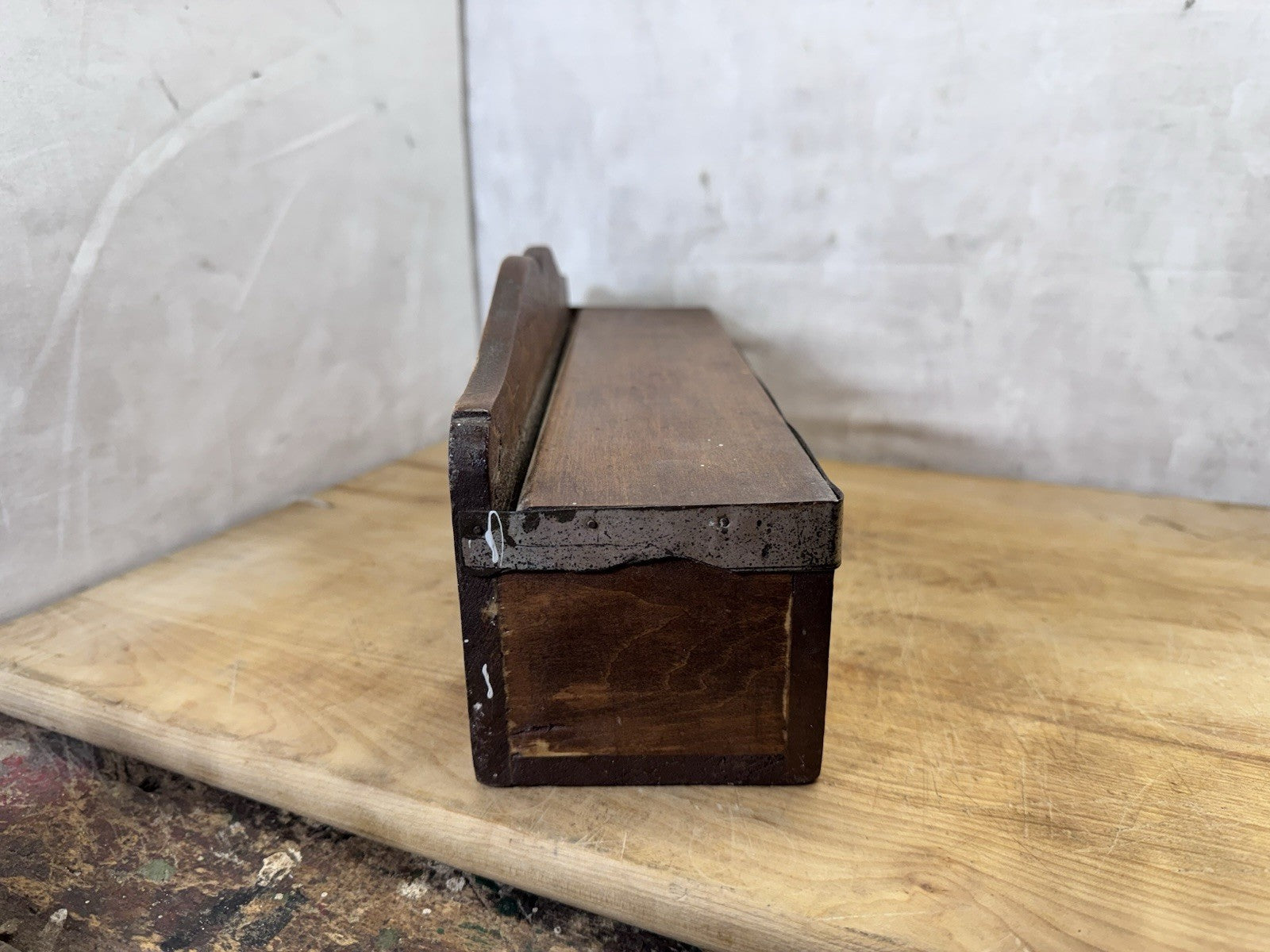 Vintage Wooden Box With Lid Metal Band  #S-1825