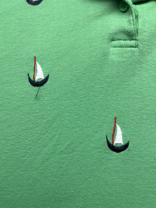 1970s, 80s Boys Green Boat S Sleeve Knit Shirt