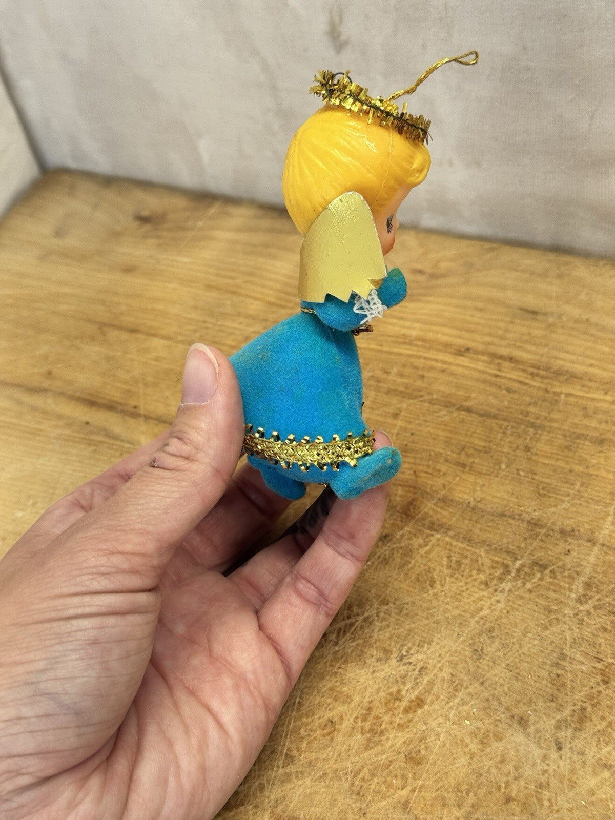 Blue Flocked Angel Christmas Ornament Vtg #1551