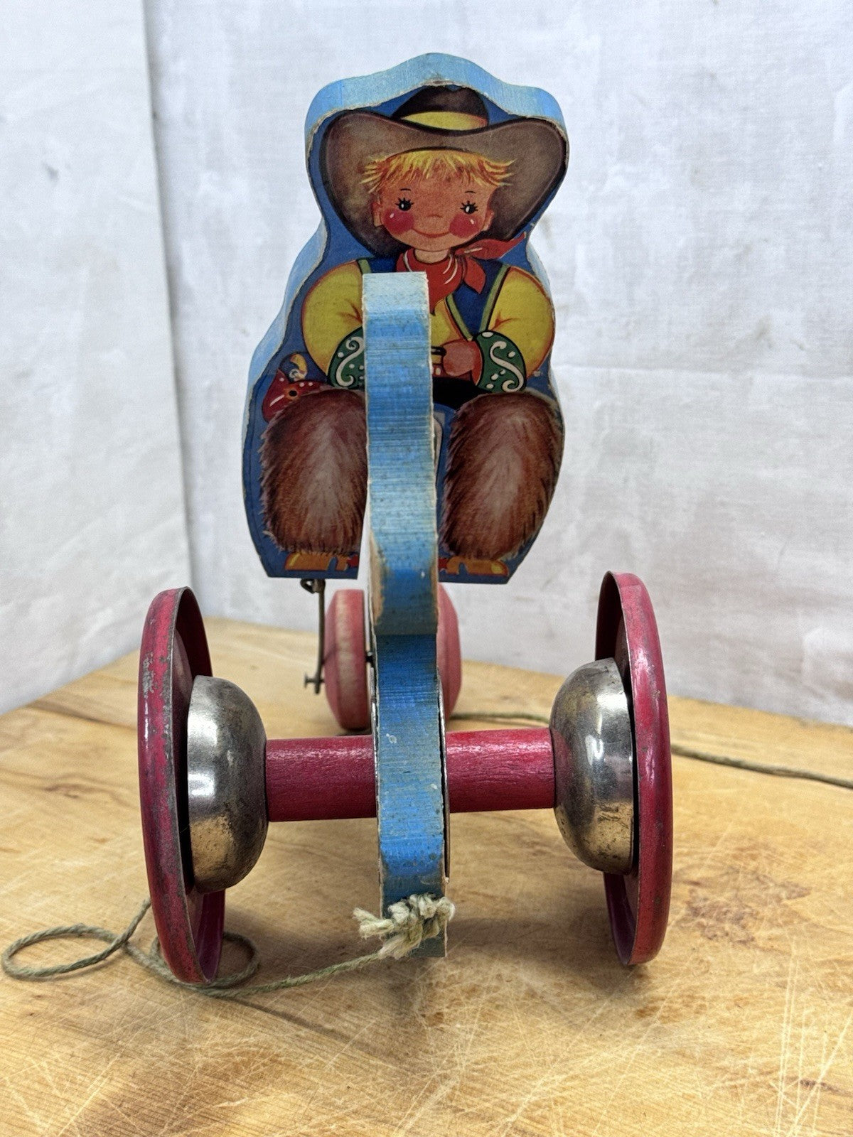 Vintage Wooden Cowboy/Horse Pull Toy - N.N. Hill Brass Co. #1159