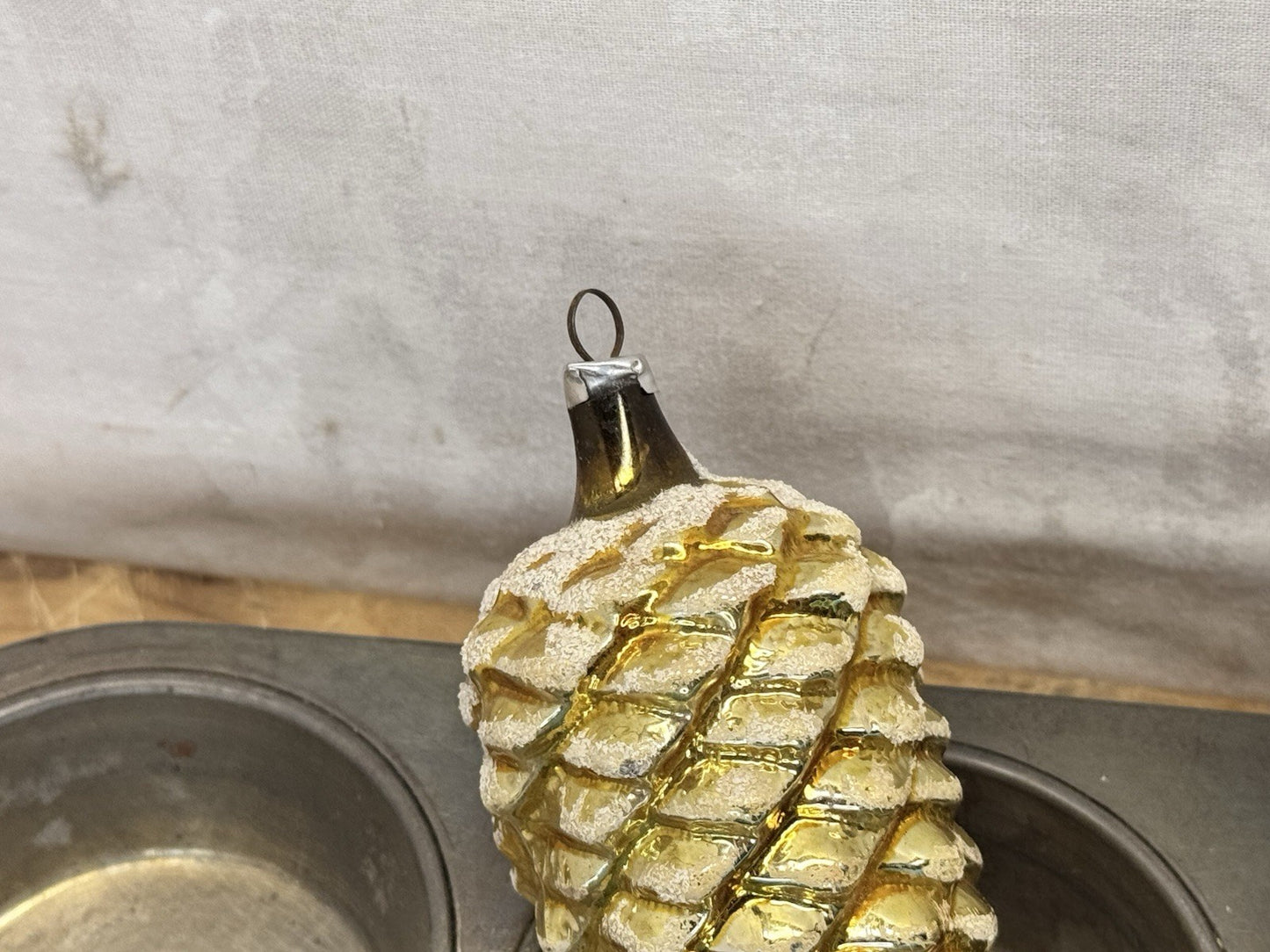 4 Blue Yellow Pinecone Lg Ornaments Antique #1547