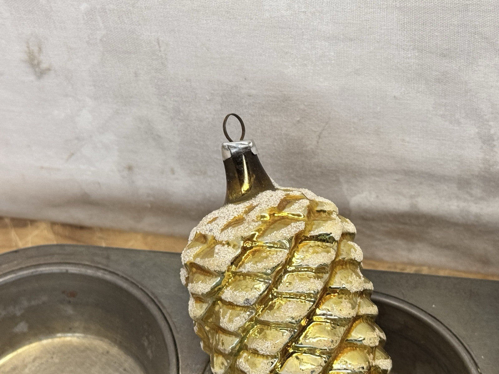 4 Blue Yellow Pinecone Lg Ornaments Antique #1547
