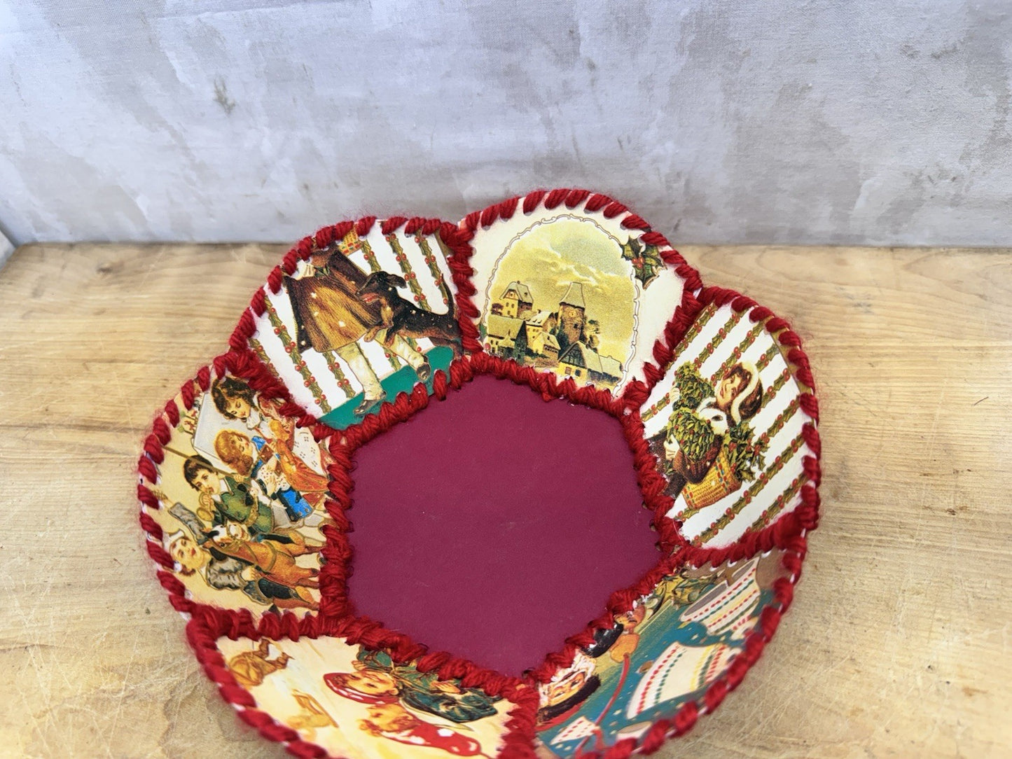 Handmade Christmas Card Bowl Vtg #1512