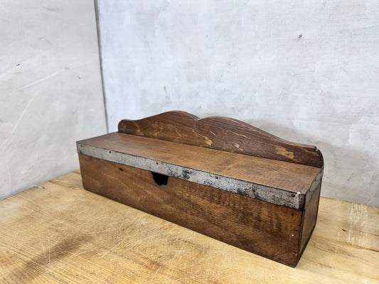 Vintage Wooden Box With Lid Metal Band  #S-1825