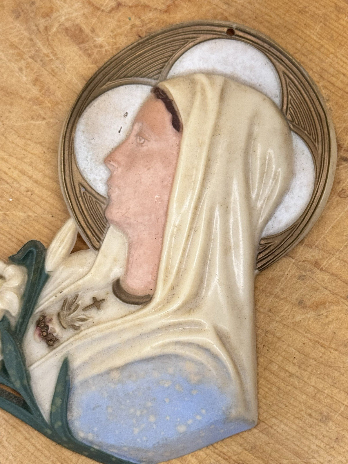Mid Century Celluloid Religious Jesus And Mary Wall Plaques#1322