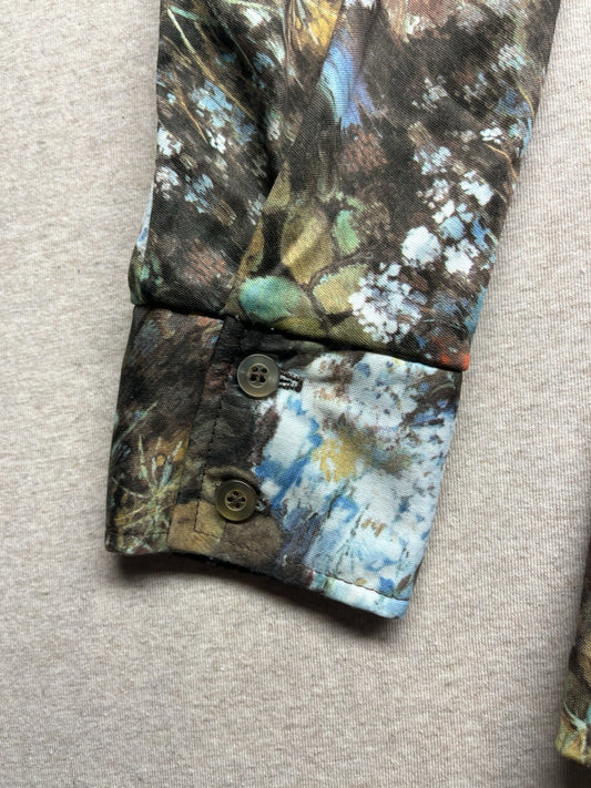 1960s, 70s Women’s Knit L Sleeve Brown Flowered Print Shirt By Terry