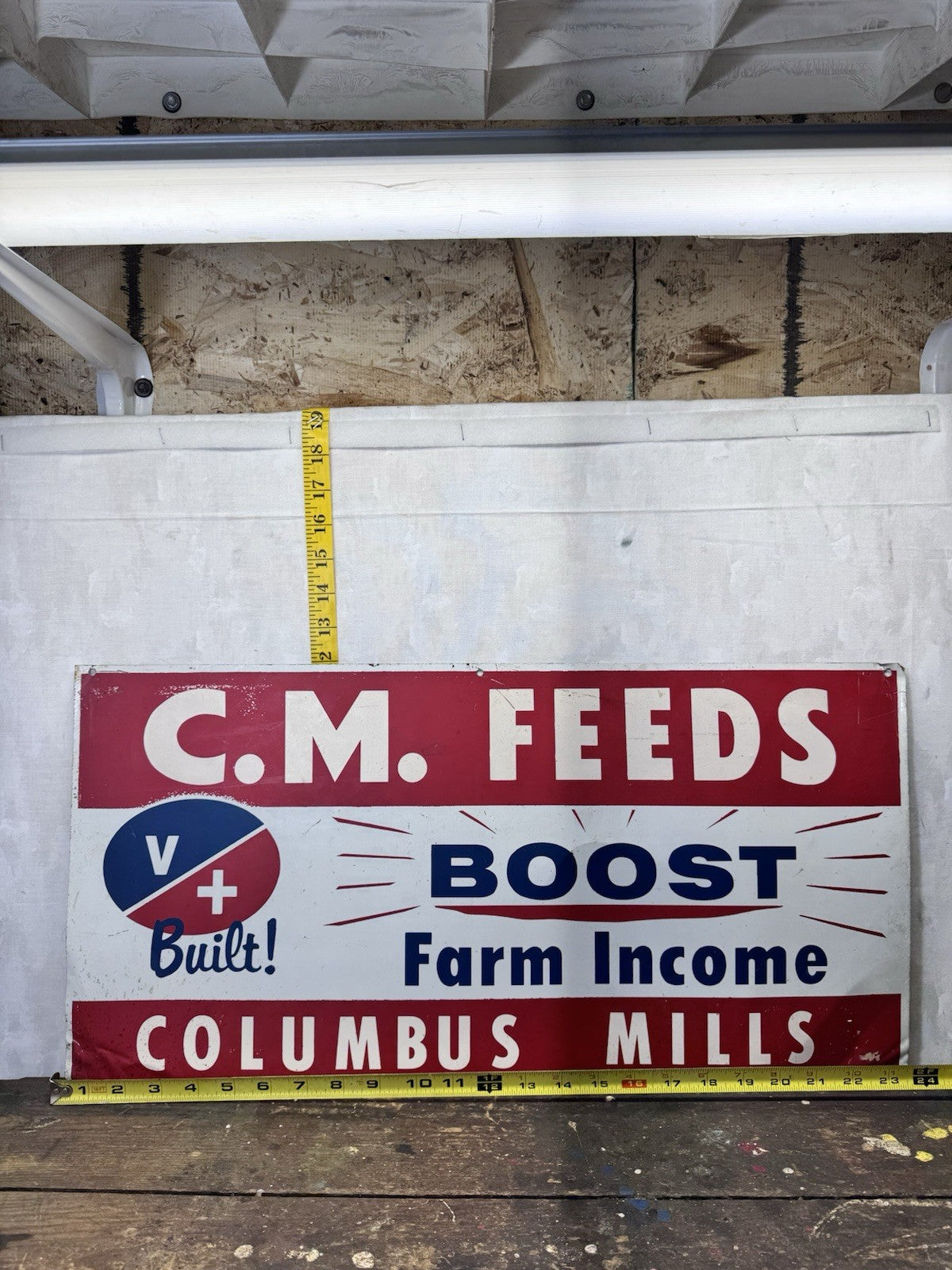 C.M Feeds Columbus Mills Metal Feed Sign Vintage
