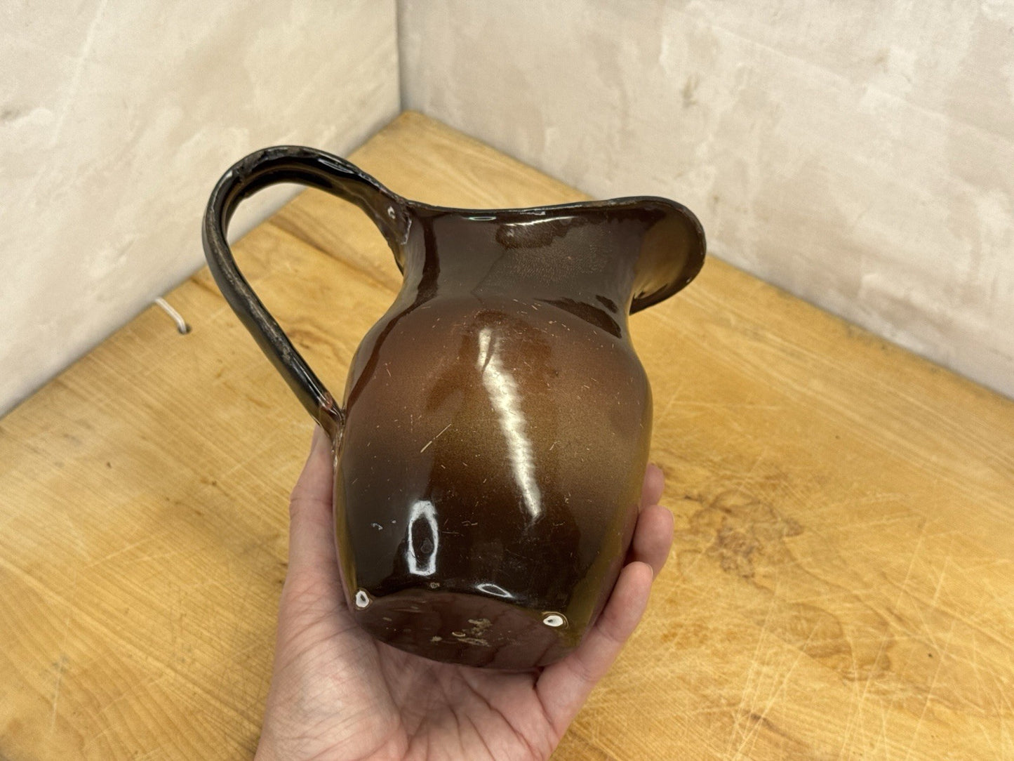 Brown Enamel Pitcher Mini Antique #1175