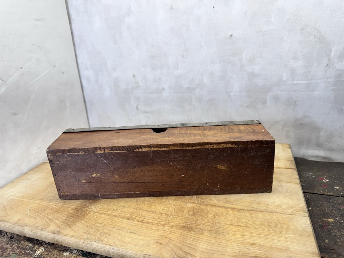 Vintage Wooden Box With Lid Metal Band  #S-1825