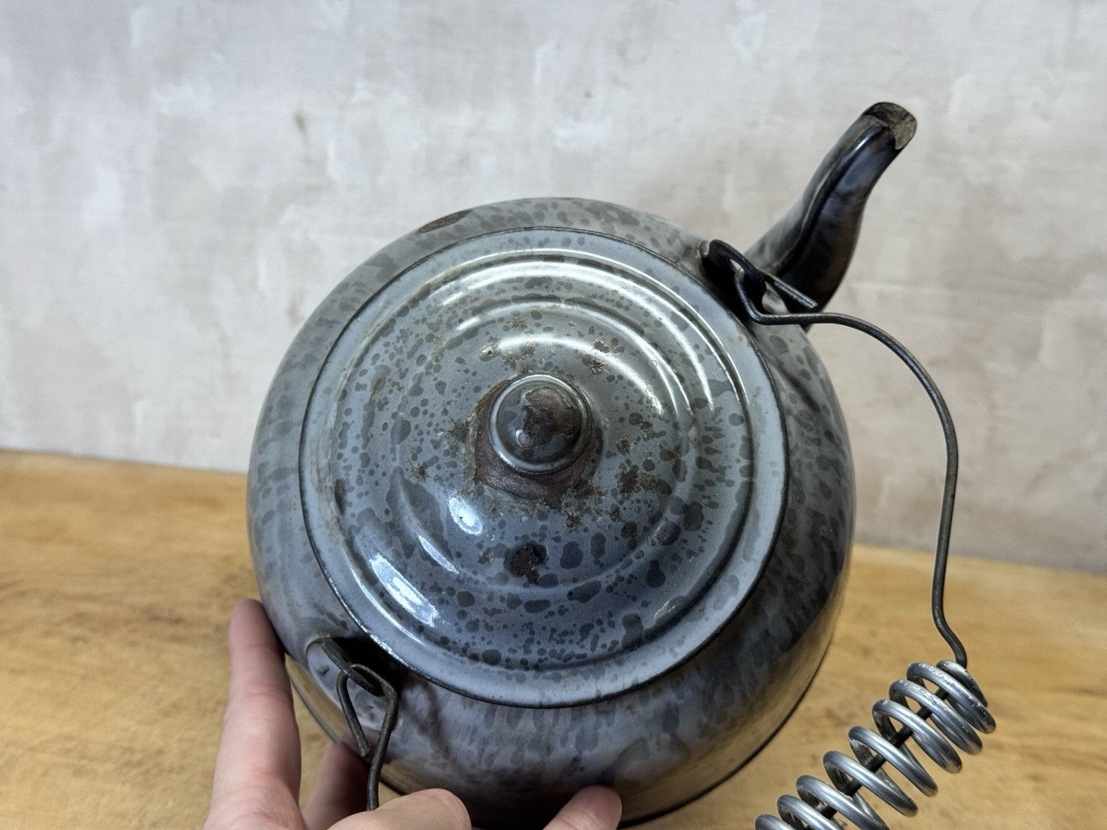 Grey French Swirl Splatter Enamelware Tea Pot Vtg #S-1872