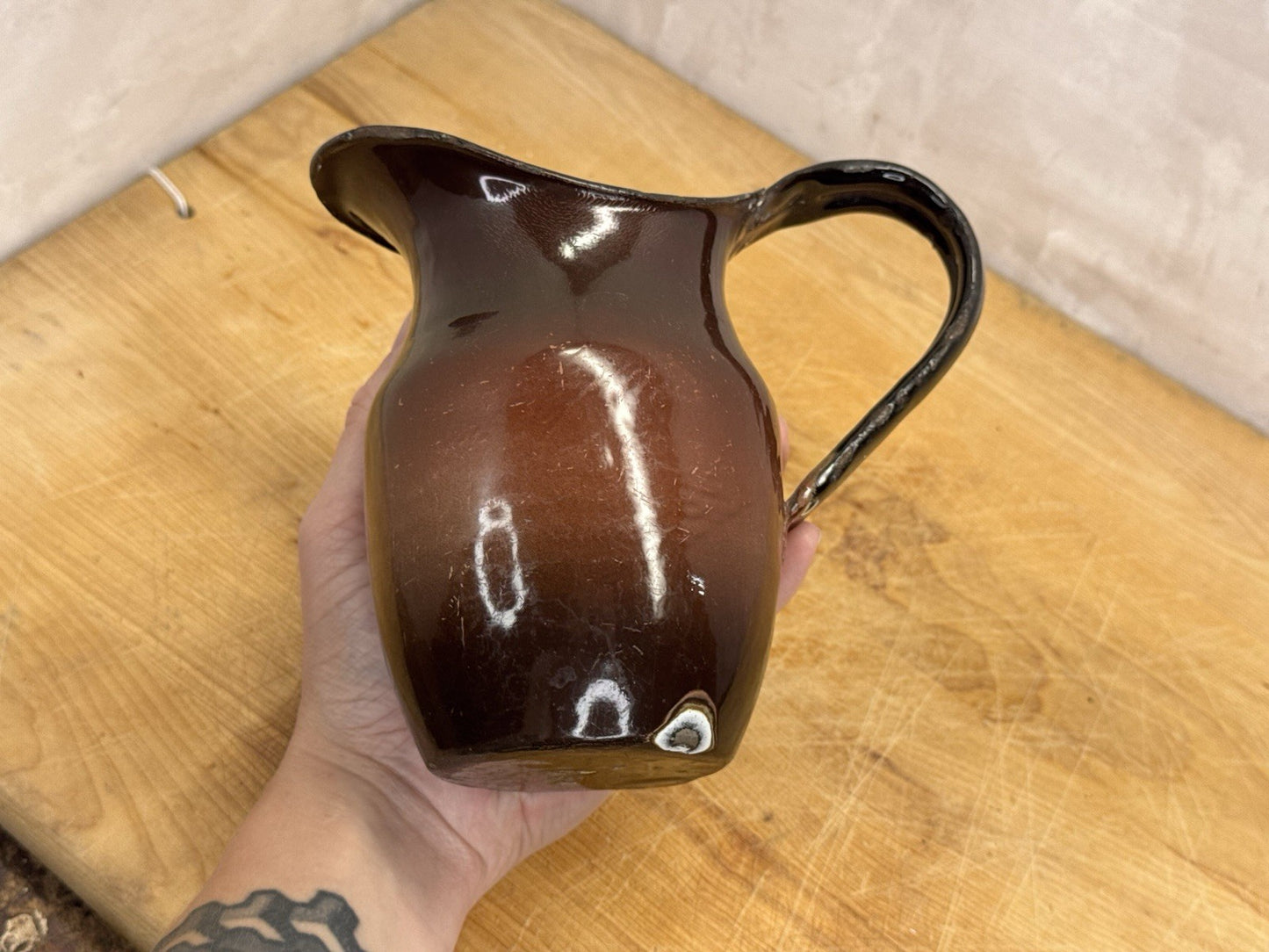 Brown Enamel Pitcher Mini Antique #1175