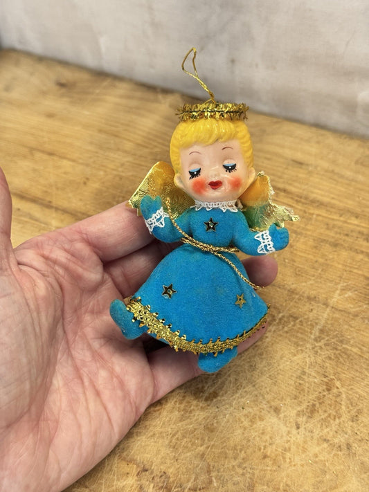 Blue Flocked Angel Christmas Ornament Vtg #1551
