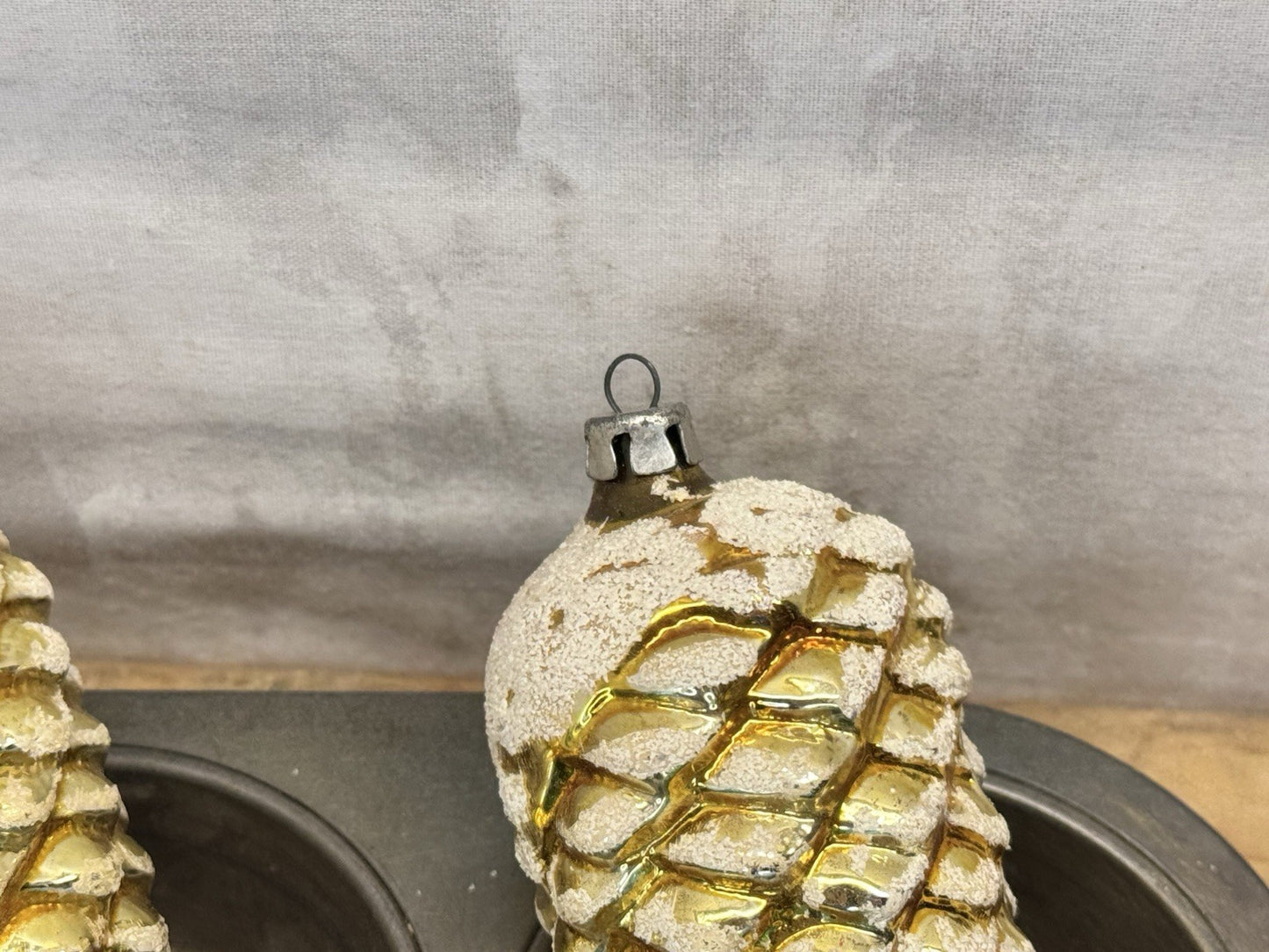 4 Blue Yellow Pinecone Lg Ornaments Antique #1547