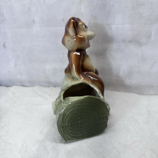 Bear On Log Planter Vintage Ceramic