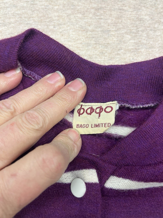 1970s, 80s Women’s Purple & Wht Striped L Sleeve Sweater Padded Shoulders