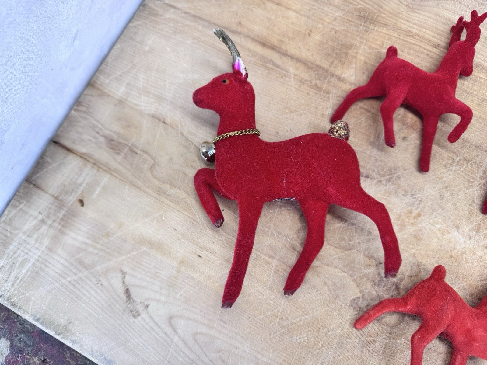 Vintage 6 Plastic Reindeer Red Flocked #1552