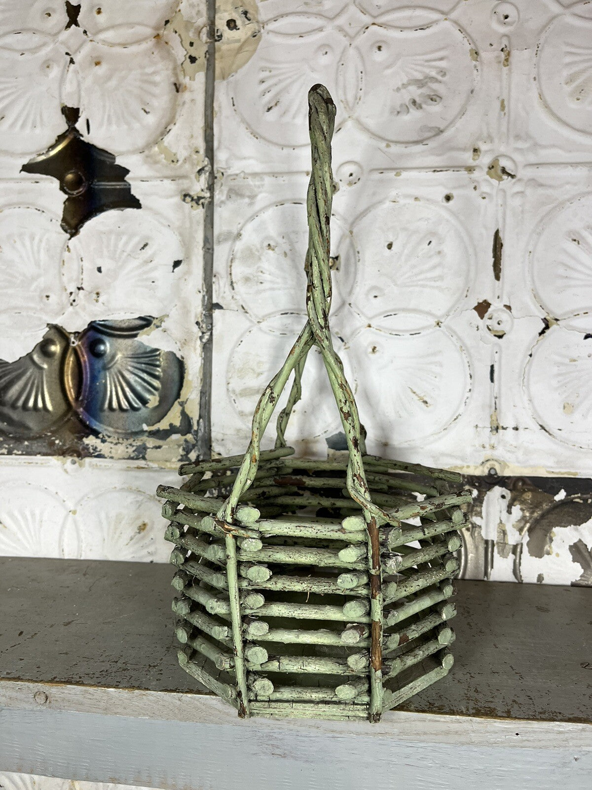 Primitive Antique Early 1900s Green Twig Basket W/Patina, Home Decor