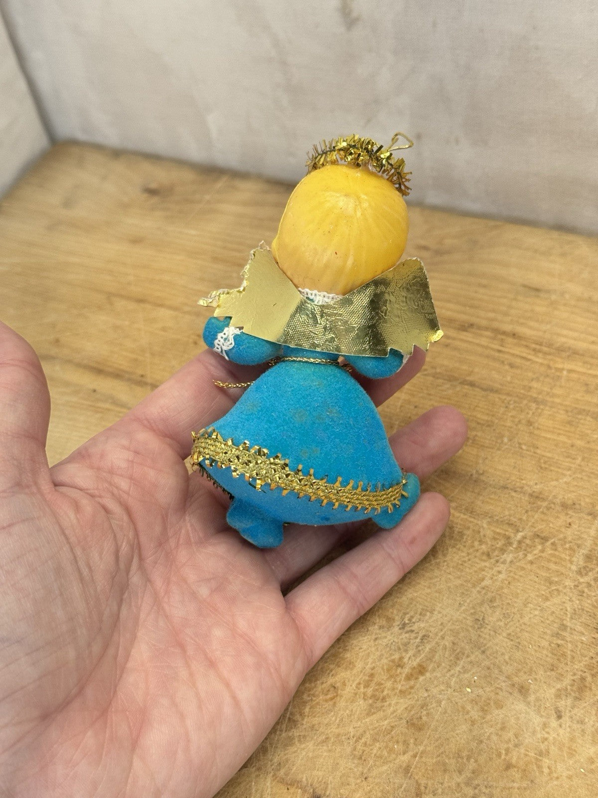 Blue Flocked Angel Christmas Ornament Vtg #1551