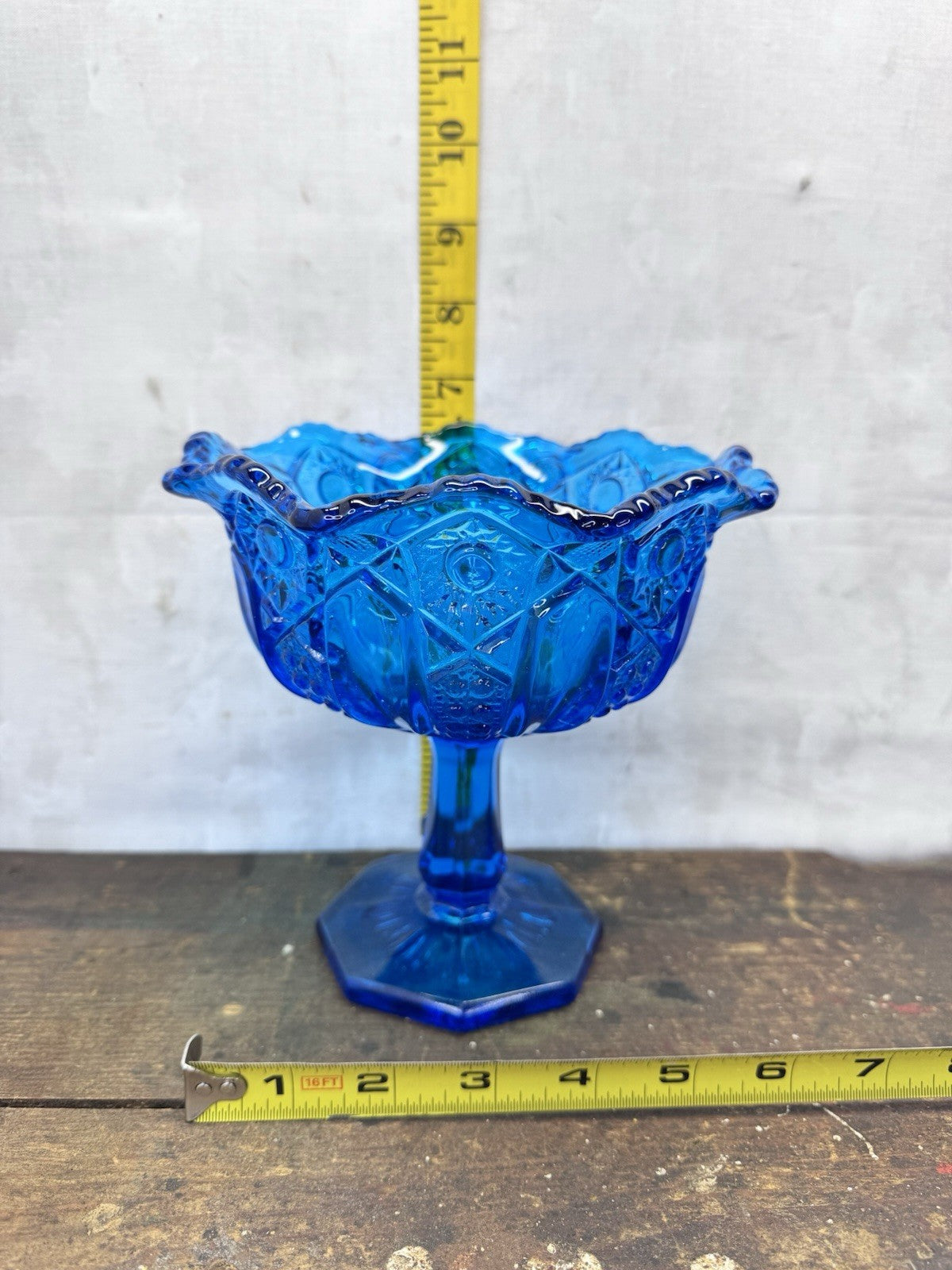 Vintage LE Smith Stars And Bars Turquoise Aqua Blue Glass Pedestal Compote Dish