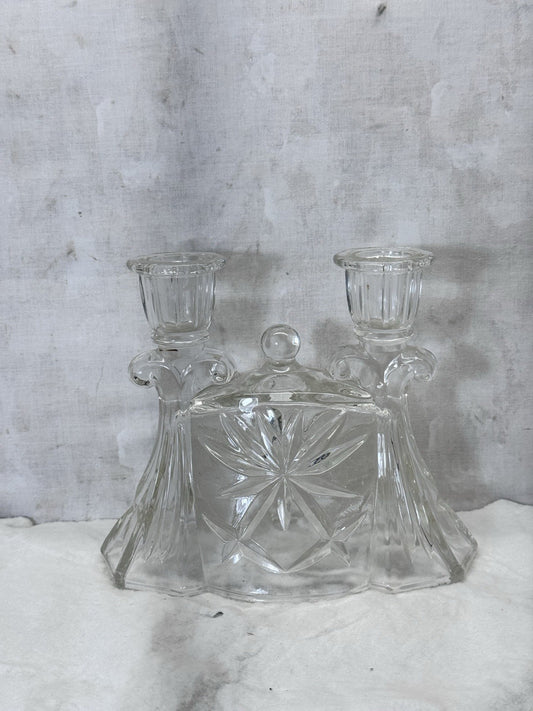 Double Candlestick Holder Crystal G.lass Vintage #S-2013
