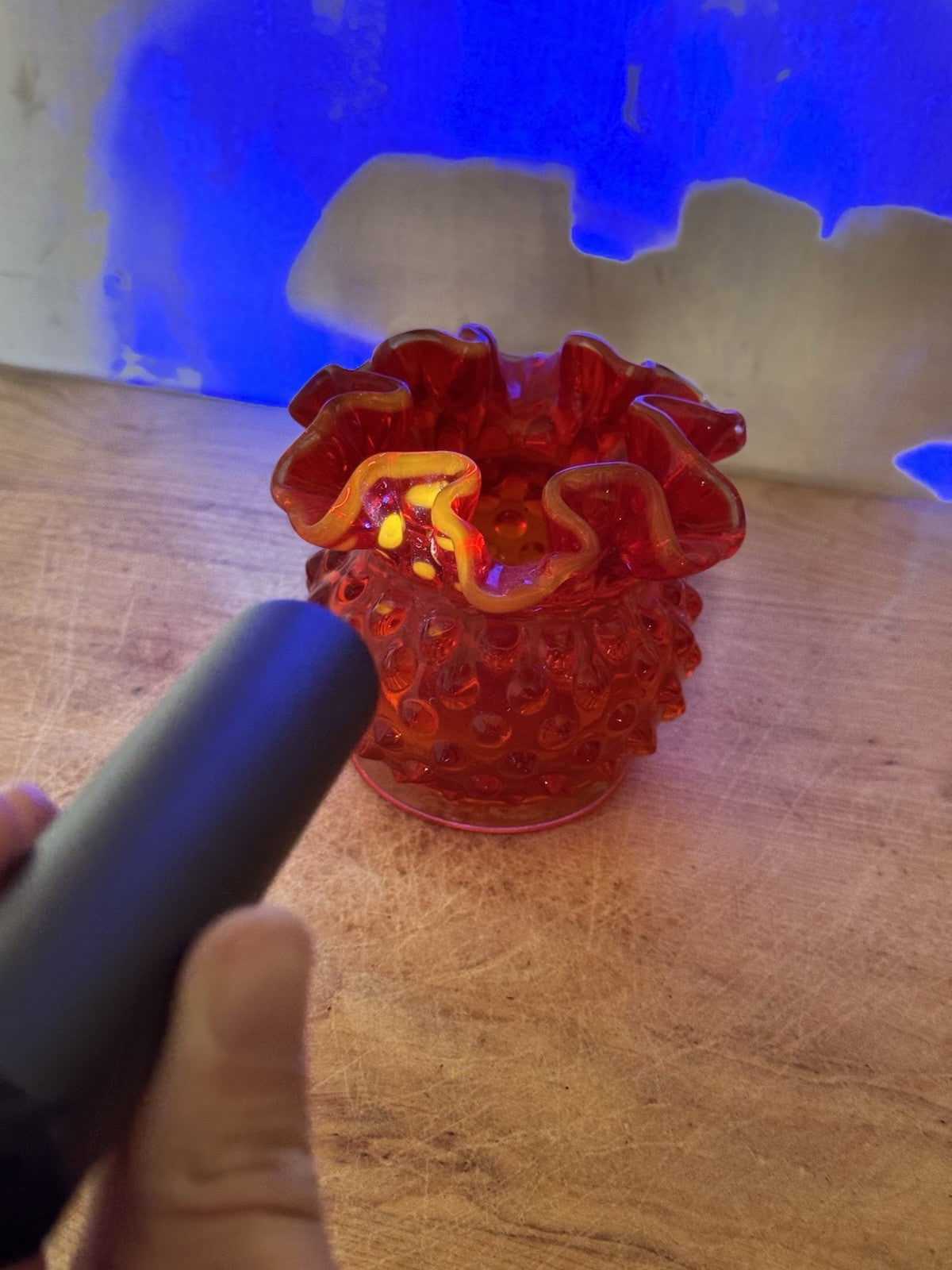 Vintage Fenton Hobnail Amberina Ruffled Bowl #1461