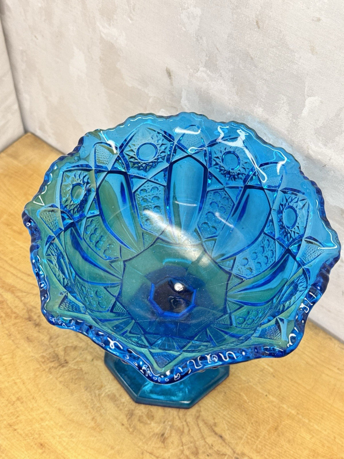 Vintage LE Smith Stars And Bars Turquoise Aqua Blue Glass Pedestal Compote Dish