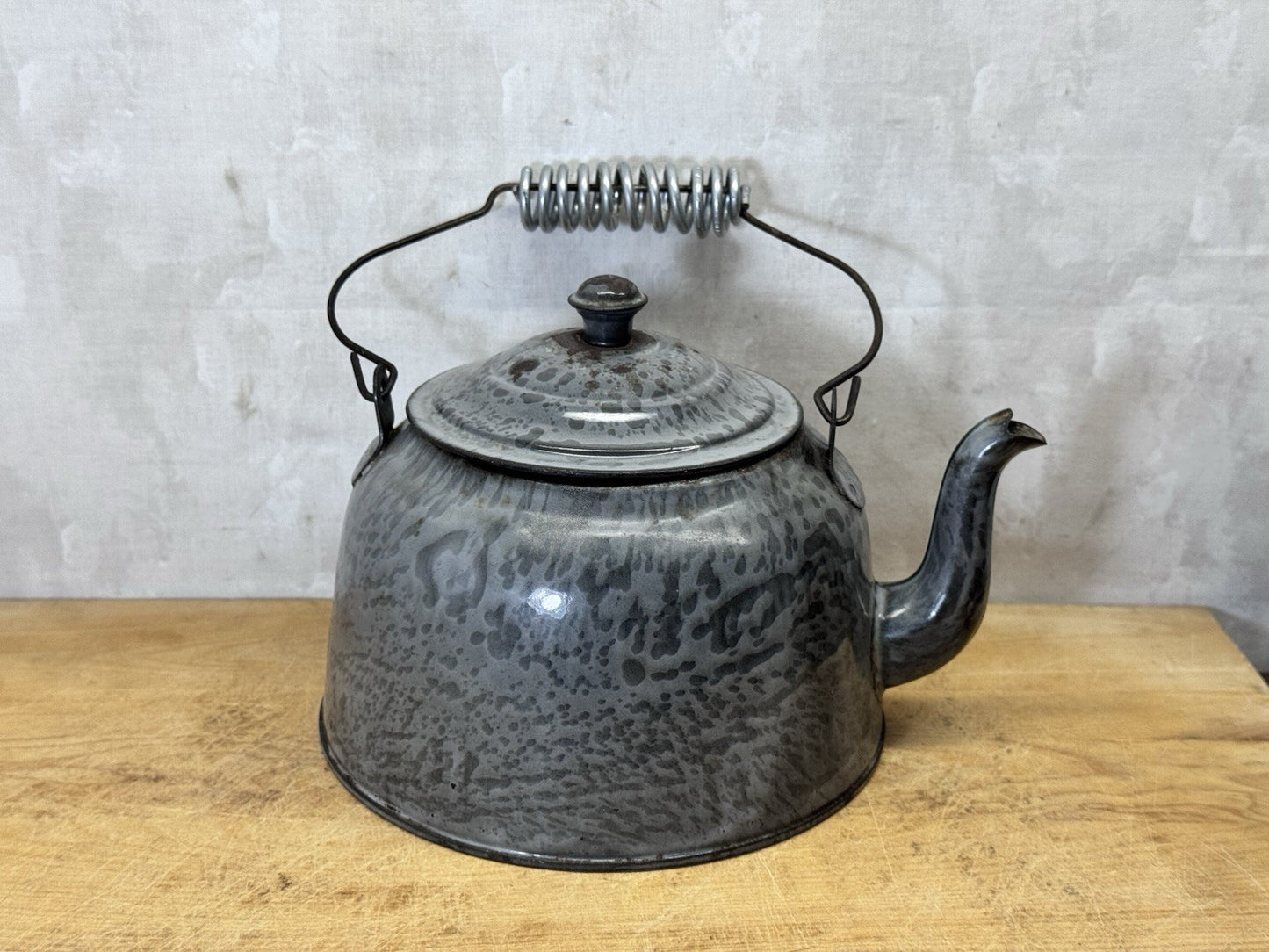Grey French Swirl Splatter Enamelware Tea Pot Vtg #S-1872
