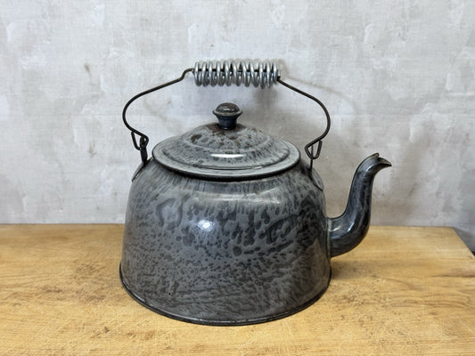 Grey French Swirl Splatter Enamelware Tea Pot Vtg #S-1872