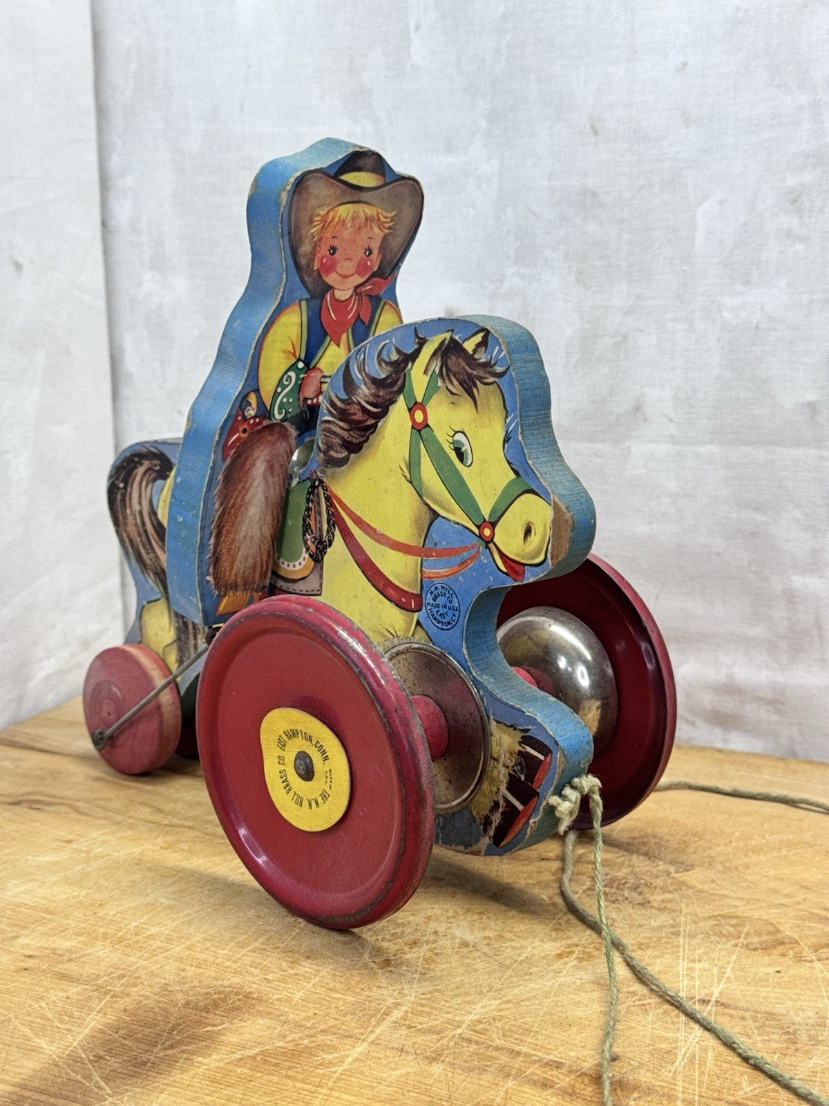Vintage Wooden Cowboy/Horse Pull Toy - N.N. Hill Brass Co. #1159