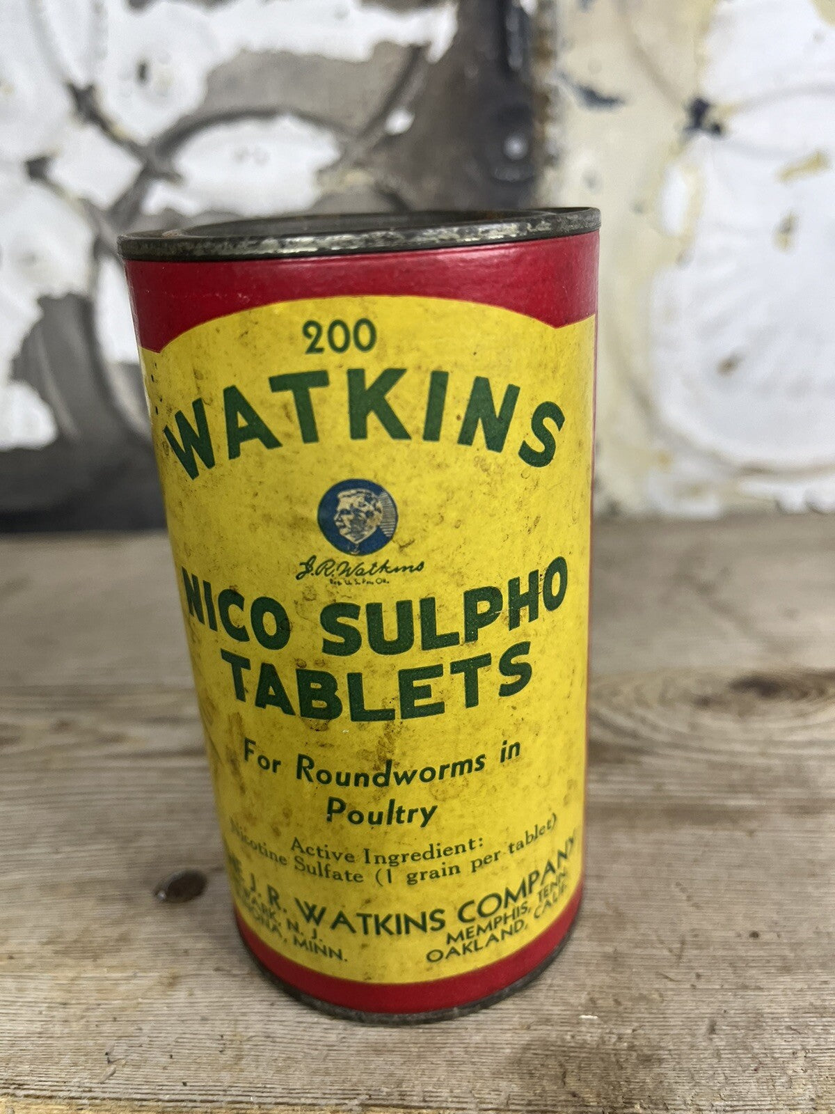Vintage Collectible Watkins Composite Tin 4 1/2”h, 2 1/2” W