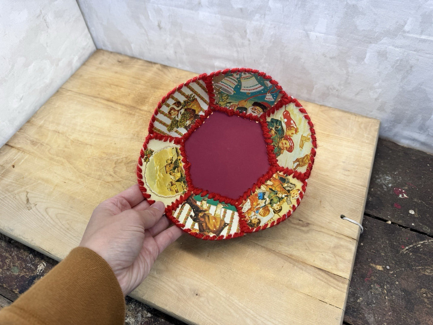 Handmade Christmas Card Bowl Vtg #1512