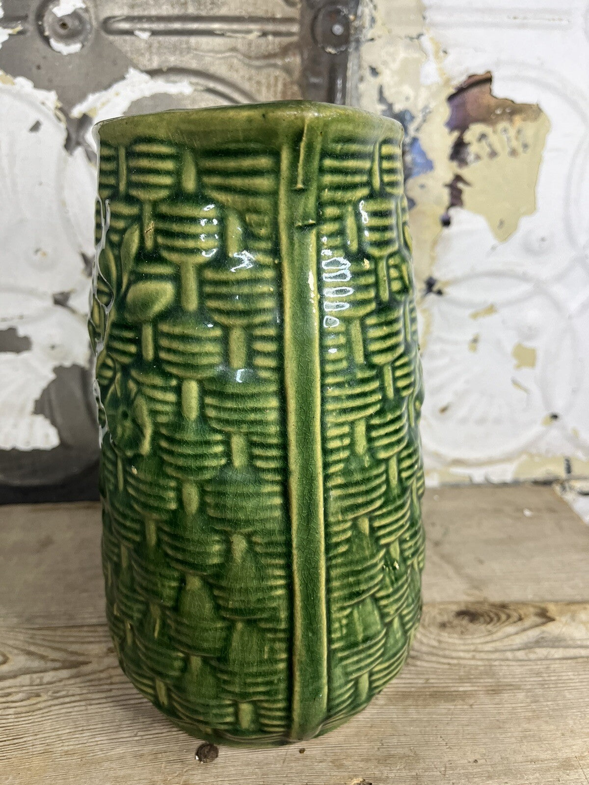 Primitive Antique Greenware Basket Weave Pitcher, Collectible,home Decor