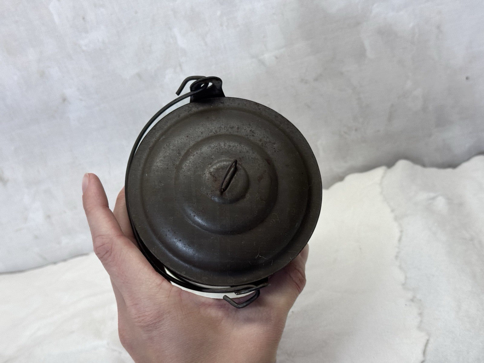 Grey Swirl Splatter Mottled Enamelware Vintage Berry Bucket #S-1844