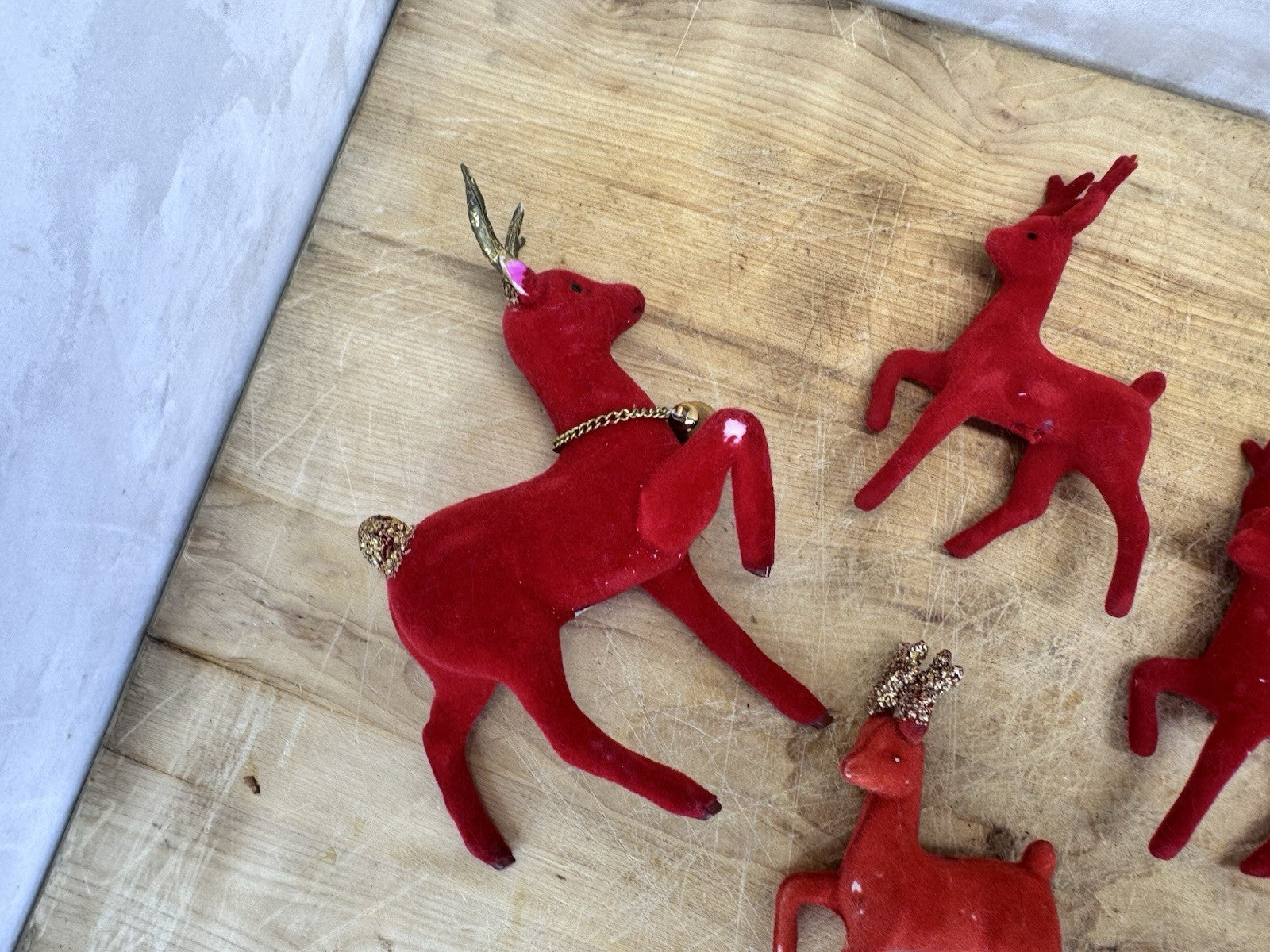 Vintage 6 Plastic Reindeer Red Flocked #1552