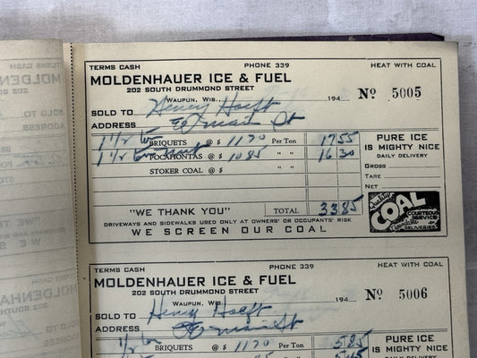 Moldenhauer Ice & Fuel Waupun Wisconsin Vintage Receipt Book #S-1957