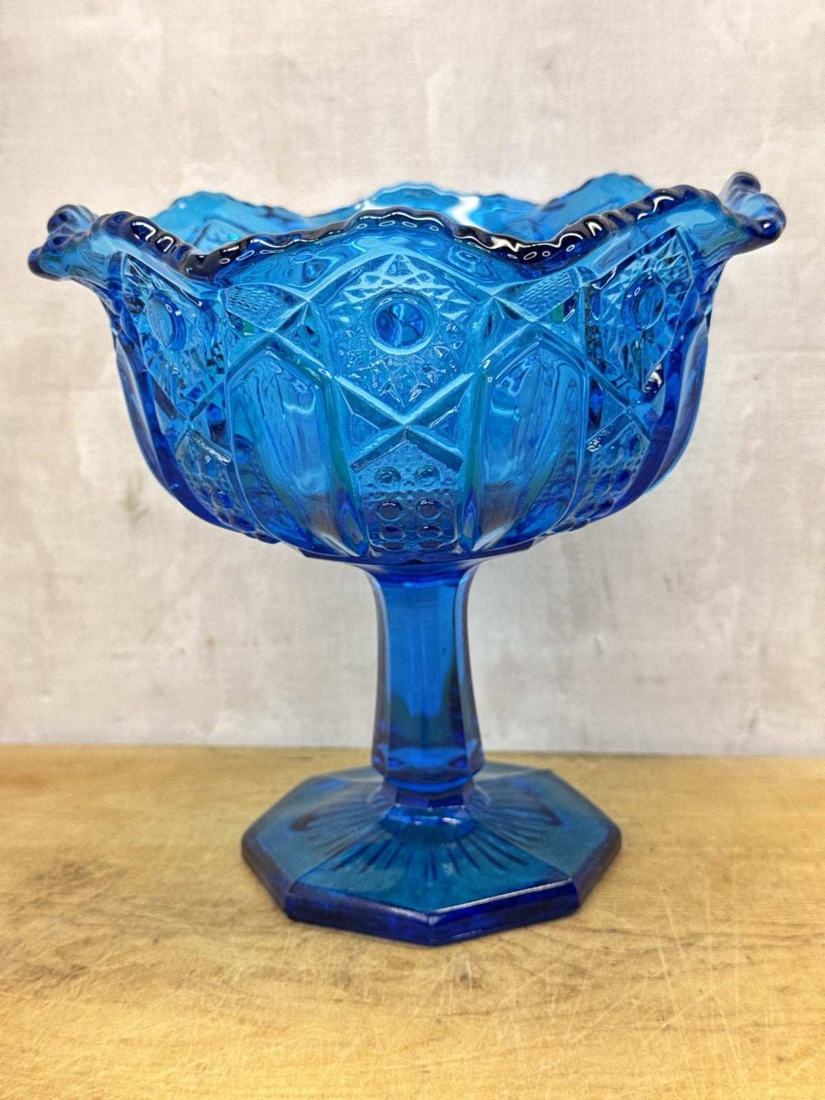 Vintage LE Smith Stars And Bars Turquoise Aqua Blue Glass Pedestal Compote Dish