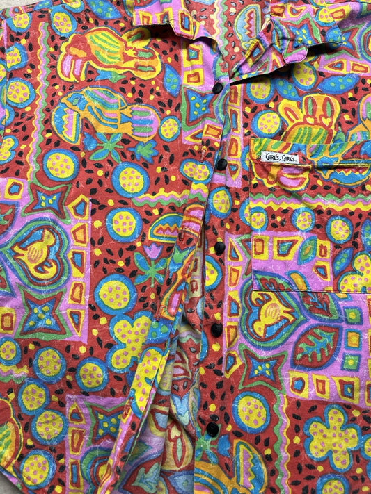 1980s Women’s Flower Print Crop Top S Sleeve Cotton Shirt