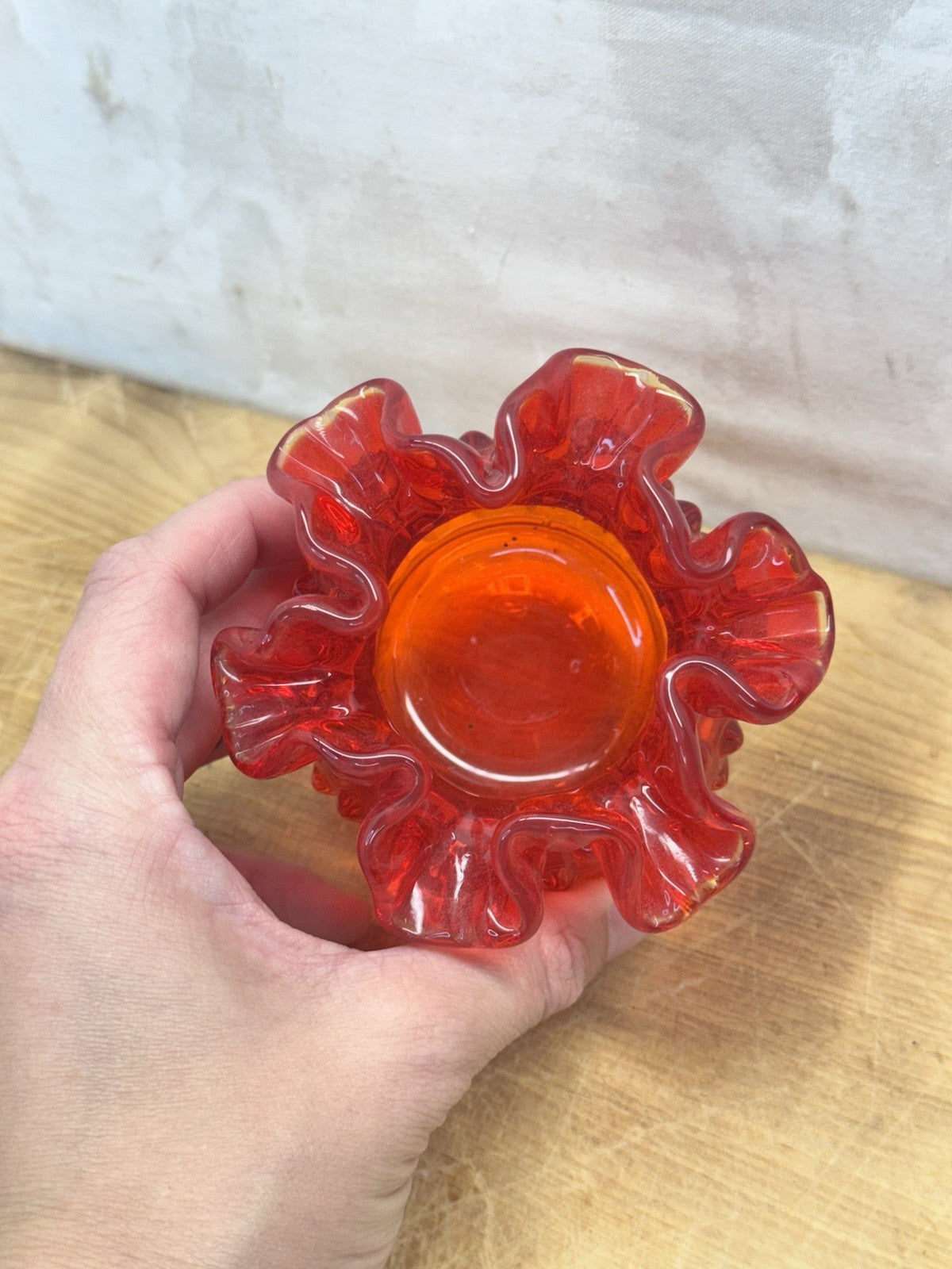 Vintage Fenton Hobnail Amberina Ruffled Bowl #1461