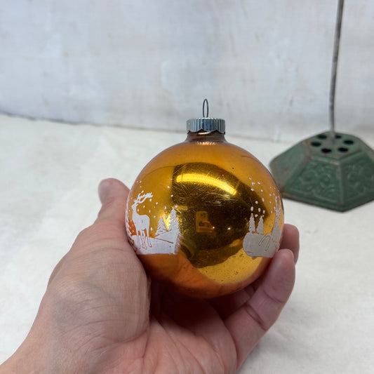 Stenciled Yellow/Gold Shiny Brite Glass Ornament Vintage #2066