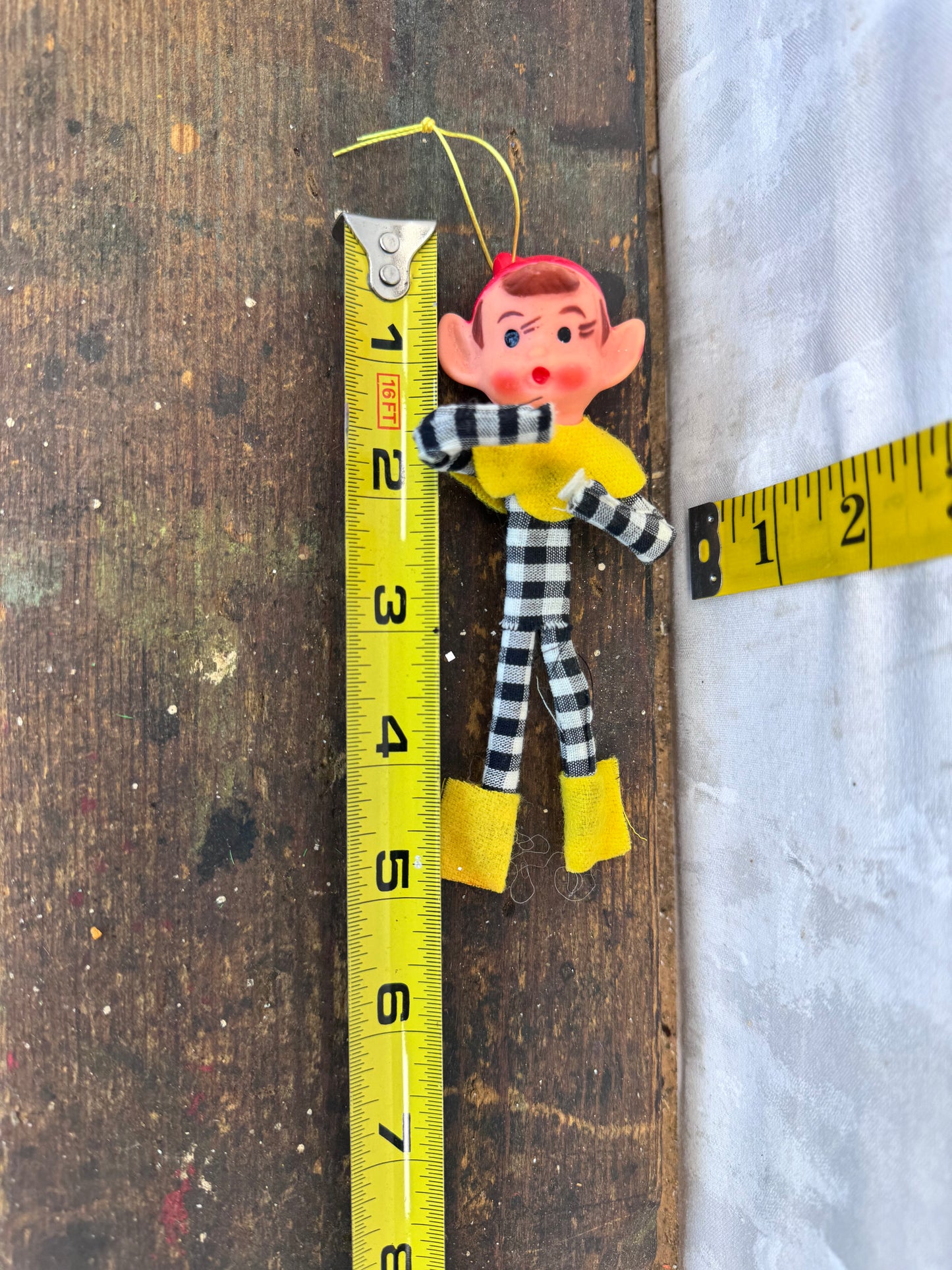 Vintage Christmas Knee Hugger Elf Pixie Black Plaid Japan Ornament #1633